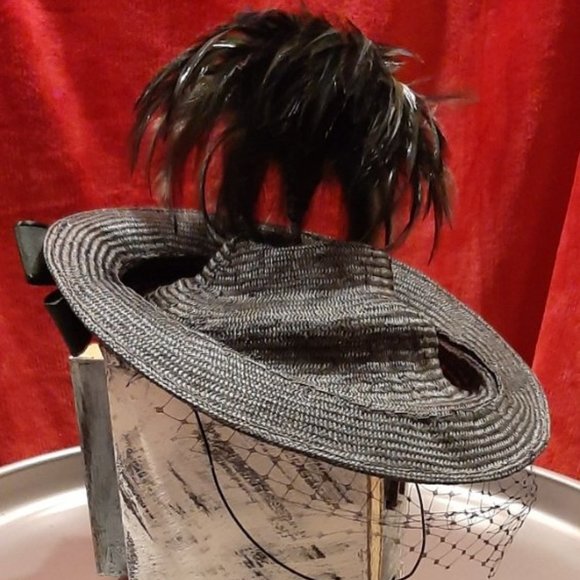 Black/Deep Green Straw, Lace & Feather Hat